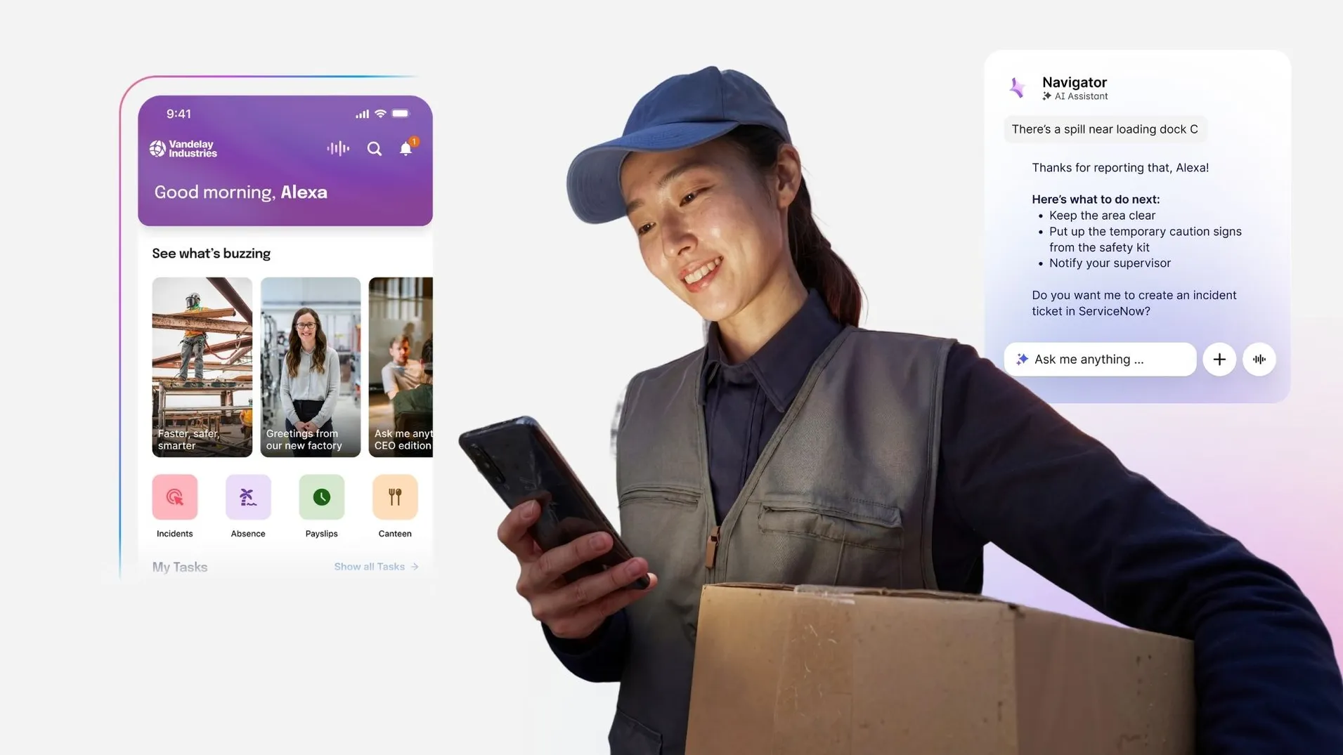 image of essential worker on mobile phone with mobile AI intranet assistant in the background
