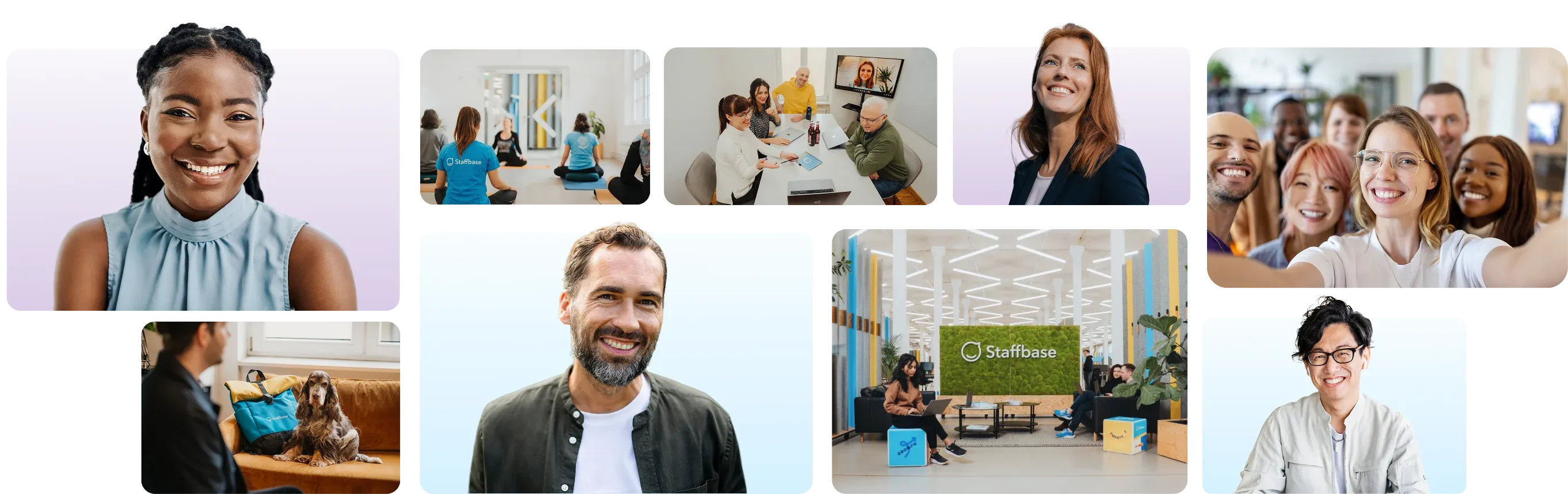 Collage of Staffbase employee portraits and office moments, including a yoga session, a team meeting with video call, a dog on a couch, and colleagues laughing together in front of a moss Staffbase logo wall.