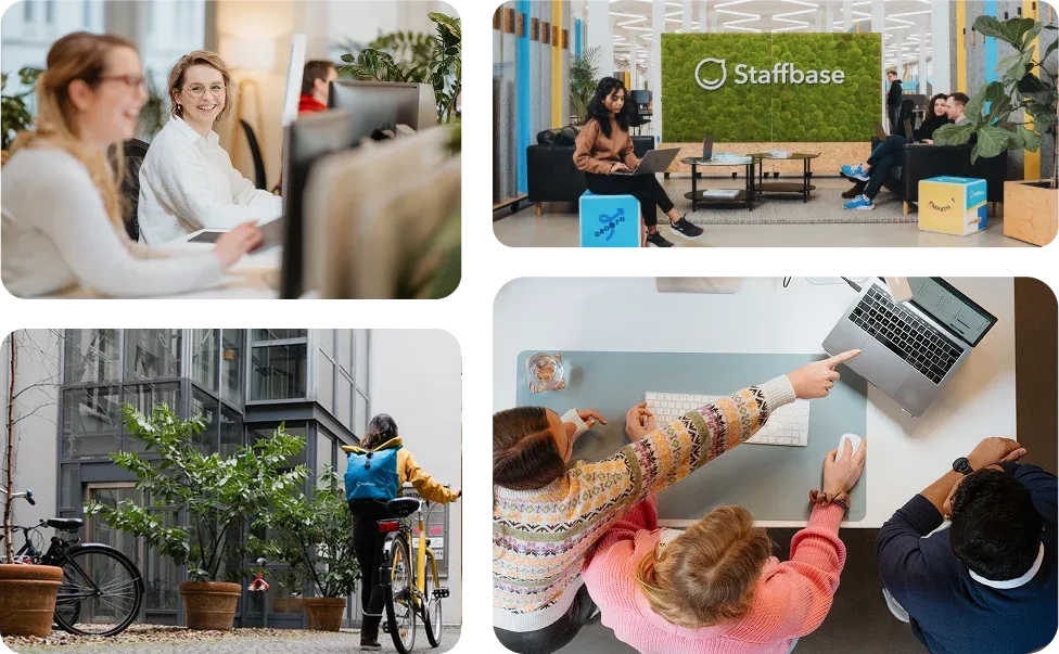 Collage of Staffbase office moments including colleagues at desks, the moss logo wall lounge, an employee arriving by bike, and an overhead view of colleagues collaborating.