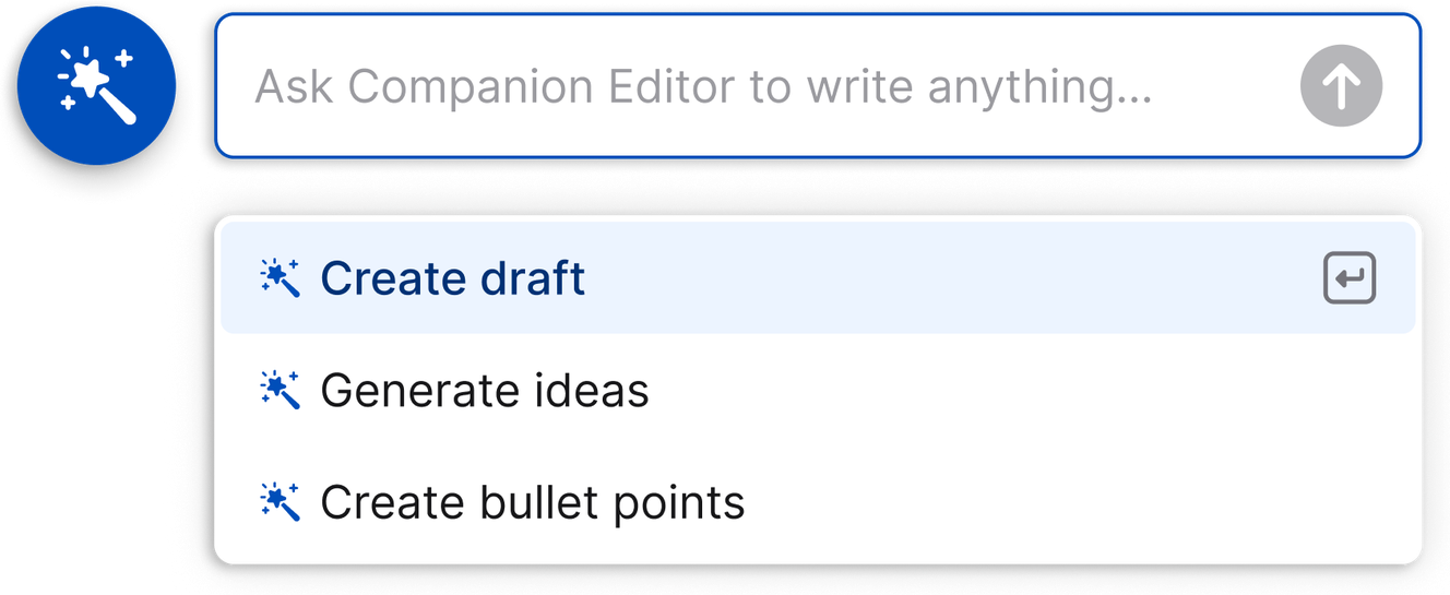 Menu with options: "Create draft," "Generate ideas," and "Create bullet points" under a search bar.