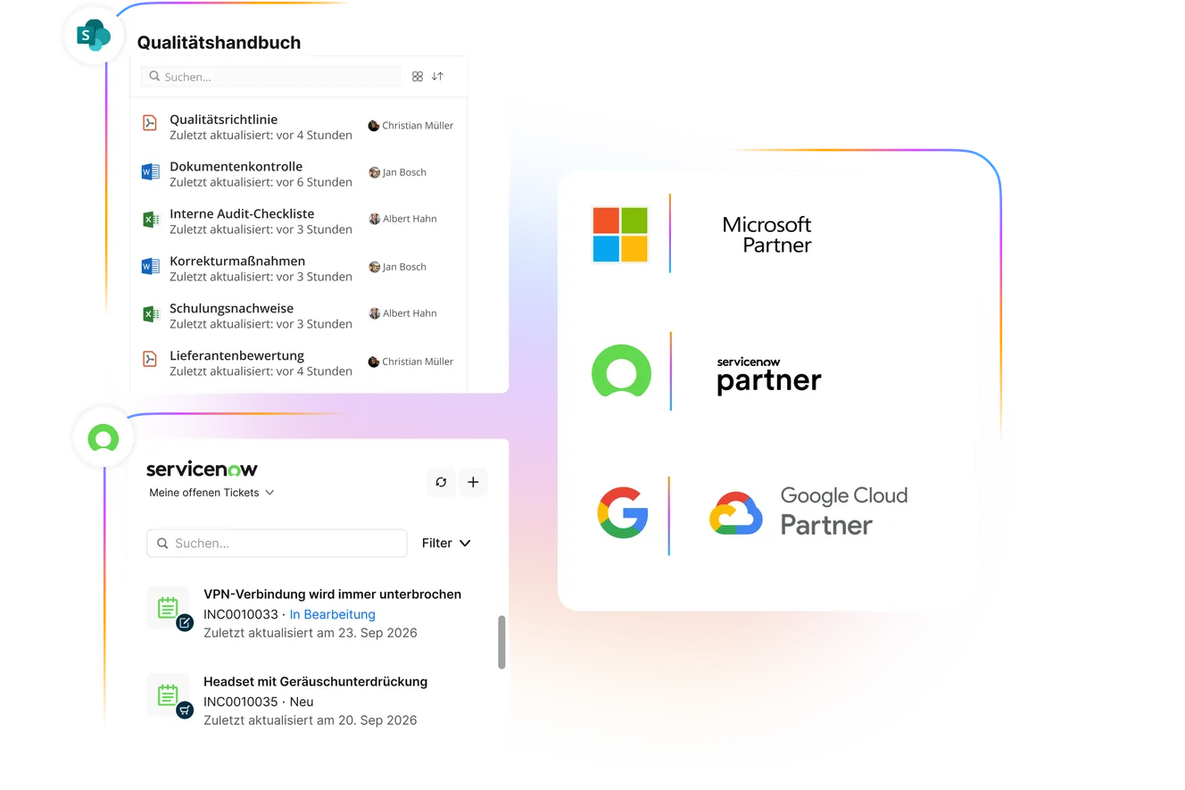 Darstellung von Integrationen in die Plattform, aufgeteilt in drei Kacheln. Links oben: Suche im "Qualitätshandbuch" mit Dokumenten wie "Qualitätsrichtlinie" und "Schulungsnachweise". Links unten: ServiceNow-Widget mit offenen Tickets (z. B. "VPN-Verbindung wird immer unterbrochen"). Rechts: Logos der Technologiepartner Microsoft Partner, ServiceNow Partner und Google Cloud Partner.