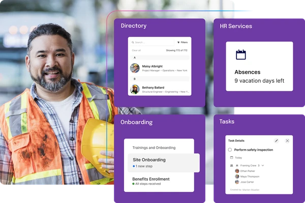 Smiling construction worker holding a yellow helmet, with digital interface showing directory, HR services, onboarding, and task details.