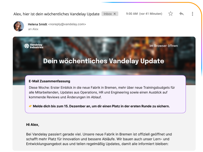 Darstellung einer "Dein wöchentliches Vandelay Update"-E-Mail im Posteingang. Die E-Mail beinhaltet einen großen Banner von Vandelay Industries, eine hervorgehobene "E-Mail Zusammenfassung" (u.a. über die neue Fabrik in Bremen) und den personalisierten Text "Hi Alex".