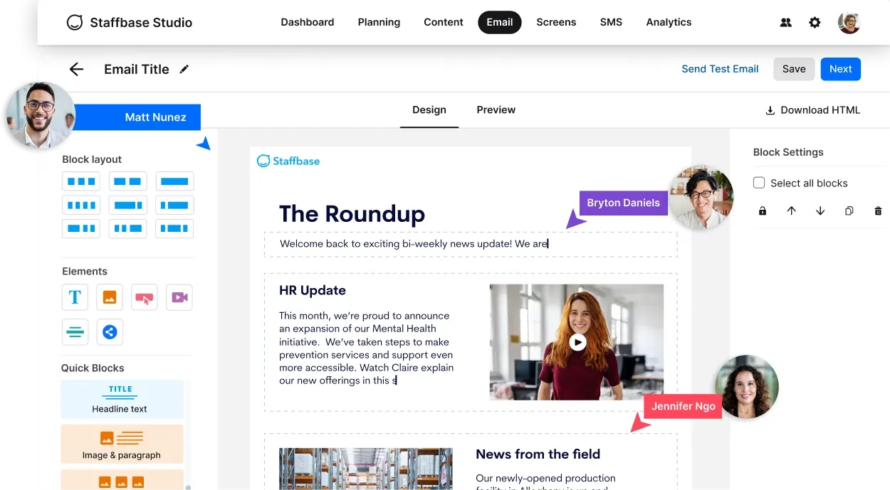 Email design interface showing a newsletter titled "The Roundup" with sections for HR updates and news. Two profile images are highlighted.