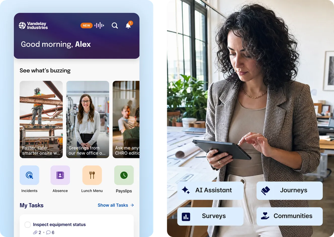 Staffbase employee app showing personalized news feed, quick links to Incidents, Absence, Lunch Menu and Payslips, and a task list; alongside a woman in an office using a tablet, with AI Assistant, Journeys, Surveys, and Communities features visible