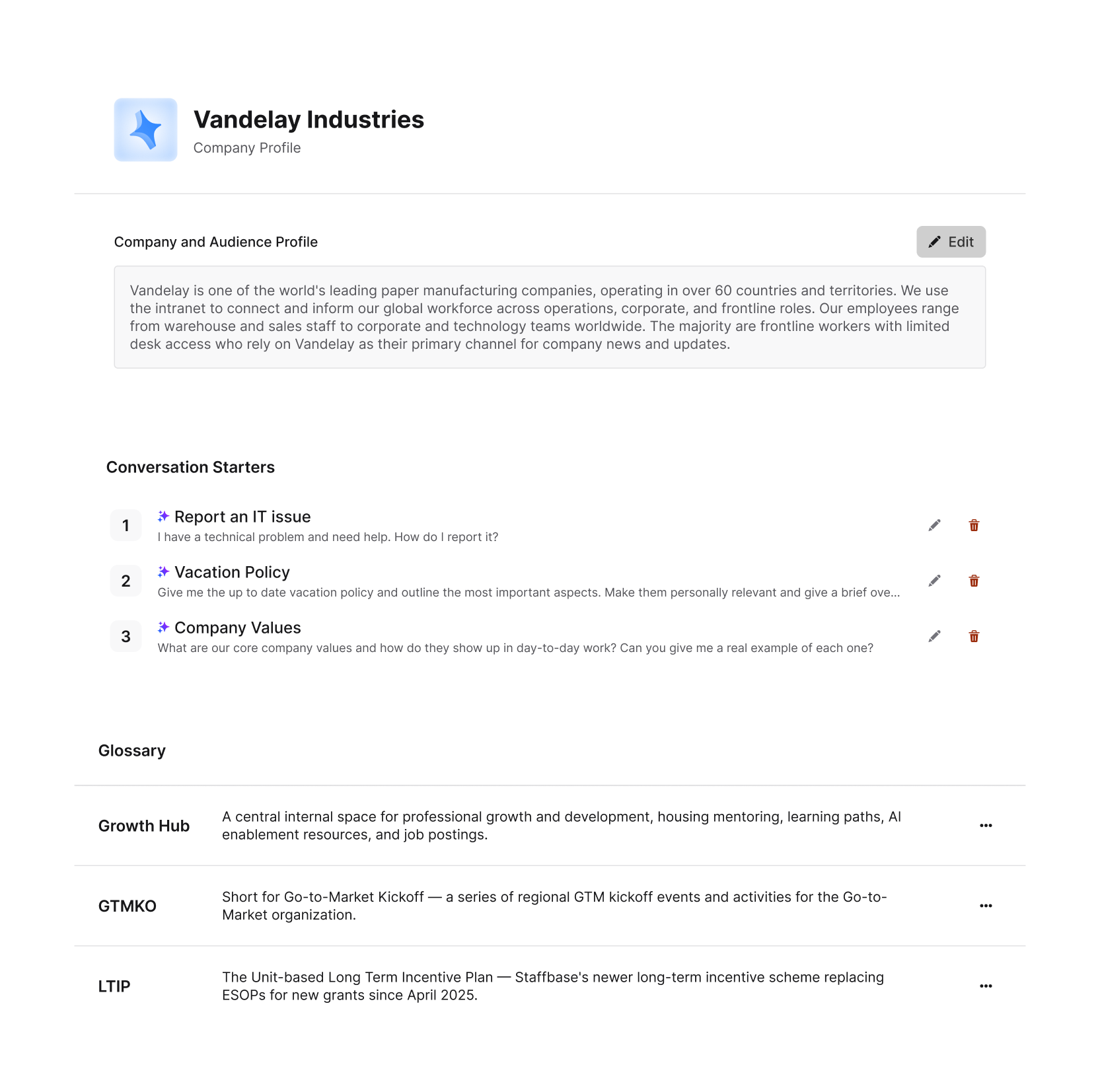 Staffbase Navigator profile setup, conversation starters, and glossary