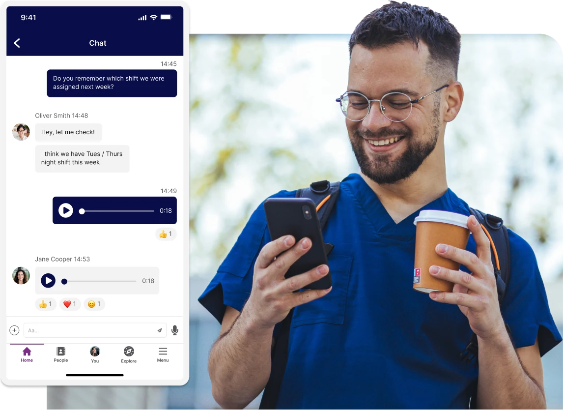 A smiling man in blue scrubs holds a phone and coffee. A chat app with voice messages is displayed beside him.