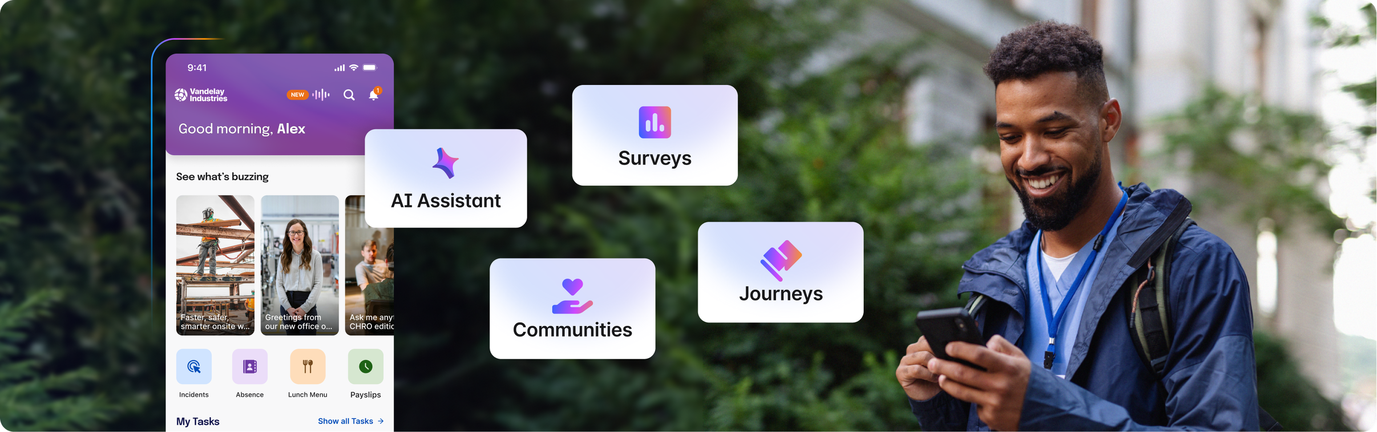 A person smiling at a phone, with app interface elements like "AI Assistant," "Surveys," "Communities," and "Journeys" floating nearby.