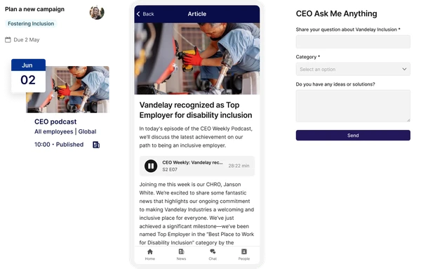 A digital interface showing a podcast episode about disability inclusion, a calendar event, and a form for submitting questions to a CEO.