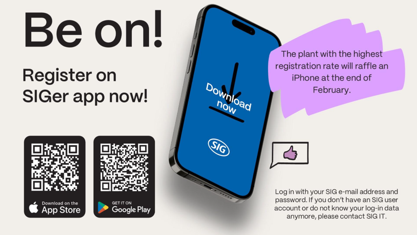 Promotional graphic featuring a smartphone with a "Download now" screen, app store QR codes, and text about registering on the SIGer app.
