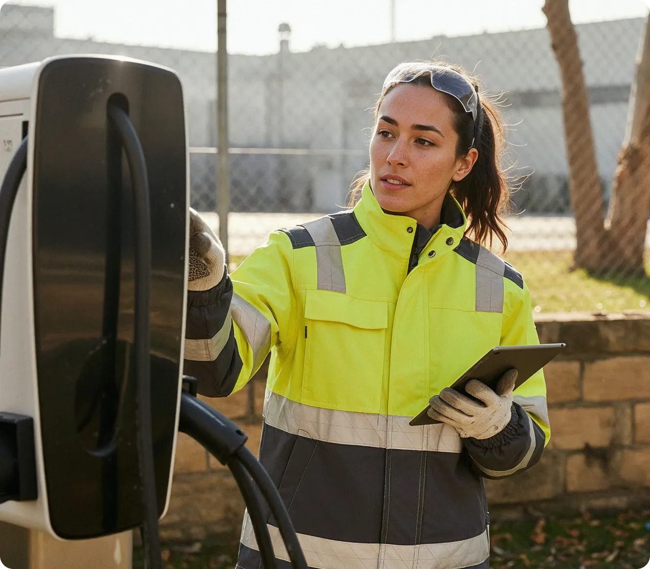 woman taking reading from electric car charger
