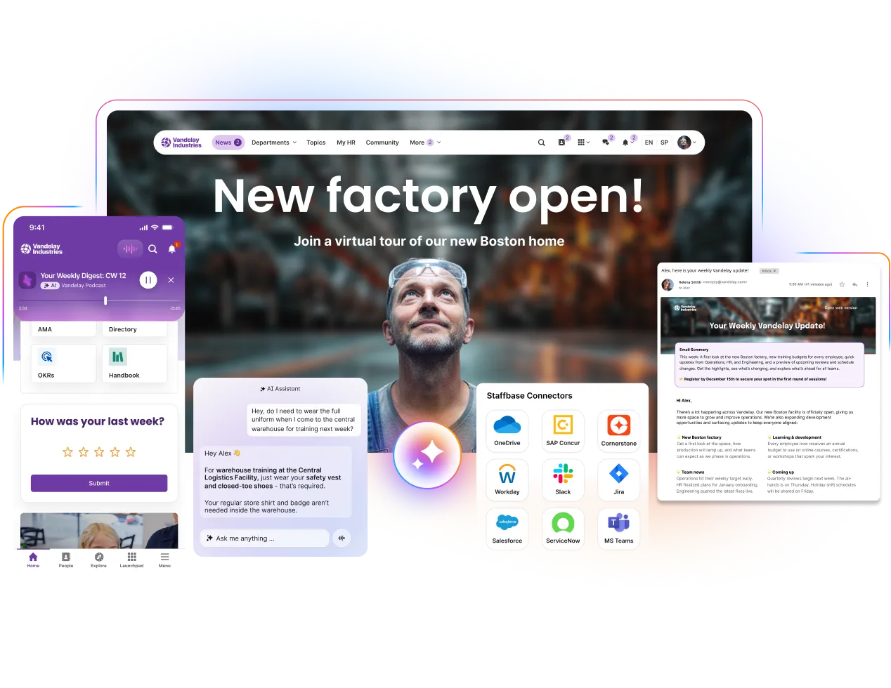Digital experience platform showcasing an employee app, intranet, and communication tools with a focus on a new factory opening.