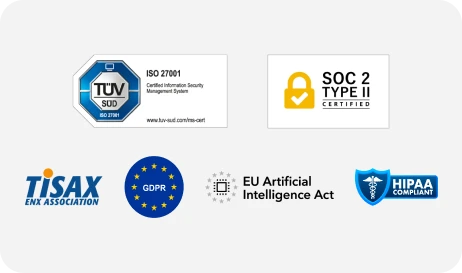 Security certifications logos include ISO 27001, SOC 2 Type II, TISAX, GDPR, EU AI Act, and HIPAA compliant badge.