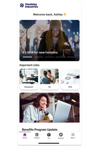 Mobile dashboard with a welcome message, navigation icons, and sections for important links, including Sharepoint, HR, and KPIs.