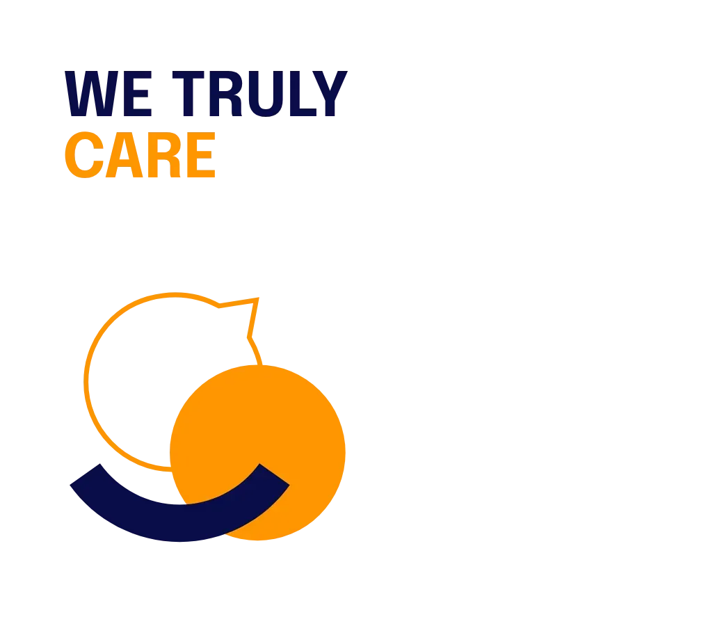 Staffbase brand graphic reading "We truly care" with an orange speech bubble and navy swoosh icon.