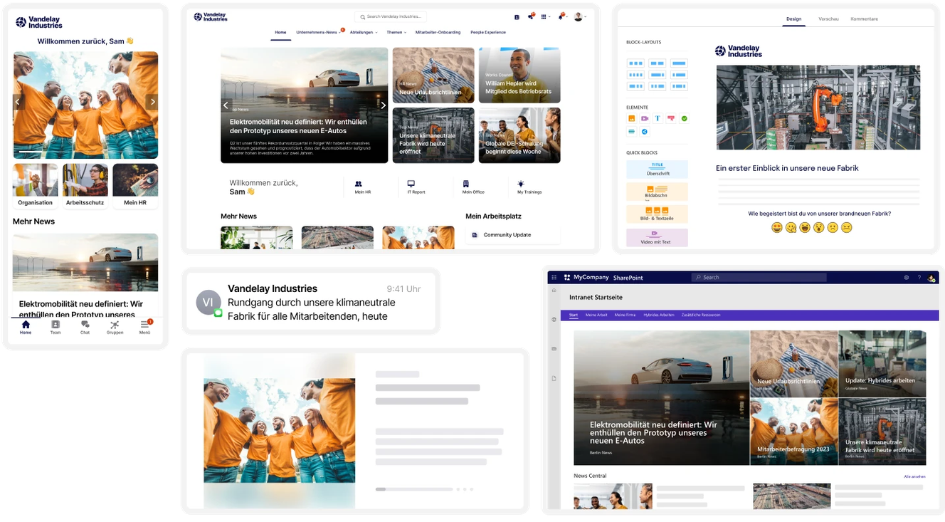 Collage of various corporate dashboard interfaces displaying news, updates, and a team photo of people in orange jackets.