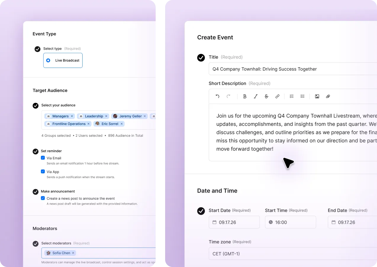 Screenshot of a platform interface showing options for creating and managing a live broadcast event with fields for title, description, and schedule.