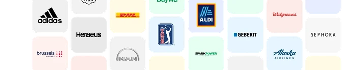 Grid of company logos including Adidas, DHL, Aldi, Walgreens, Sephora, Alaska Airlines, and others on a light background.