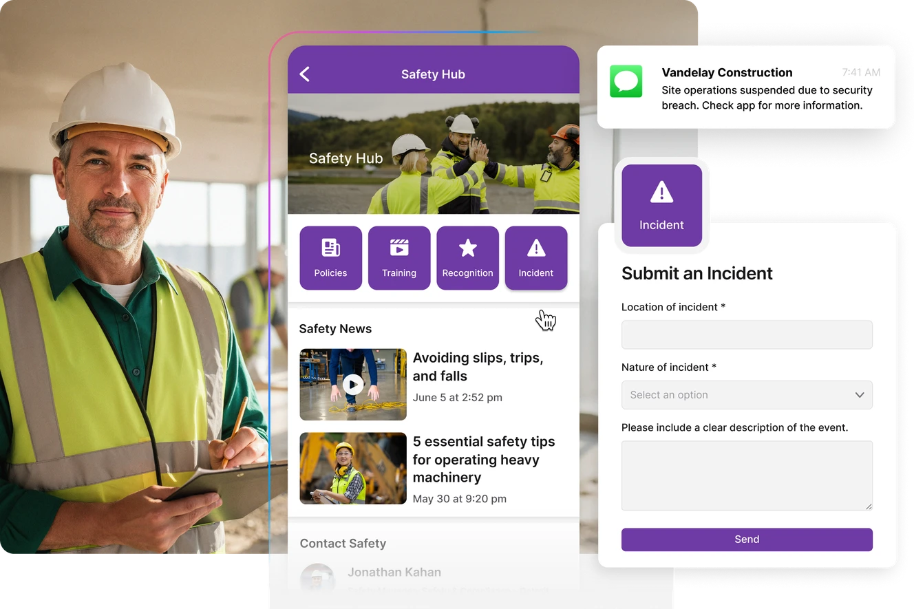 A construction worker holding a tablet displaying a safety app interface, with options for policies, training, and incident reporting.