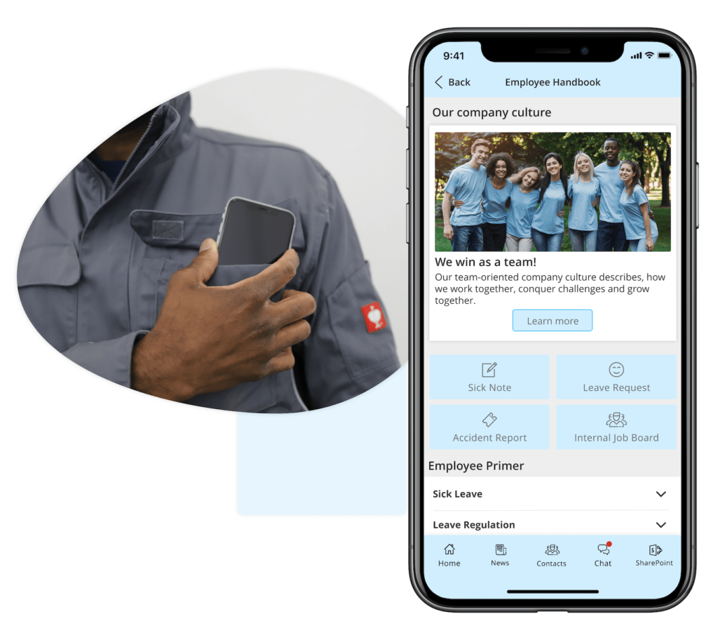 An example of an employee app showing a page of the employee handbook with sick note, leave request, accident report, and internal job board options.