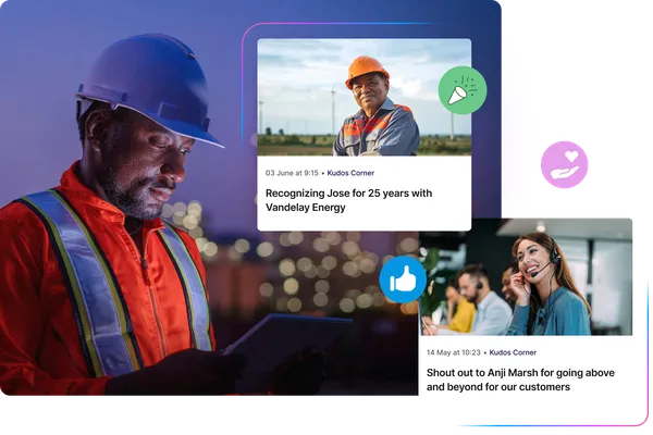 Night-shift worker in a hard hat and reflective gear uses a tablet, with employee recognition ‘Kudos Corner’ posts and reaction icons overlaid.