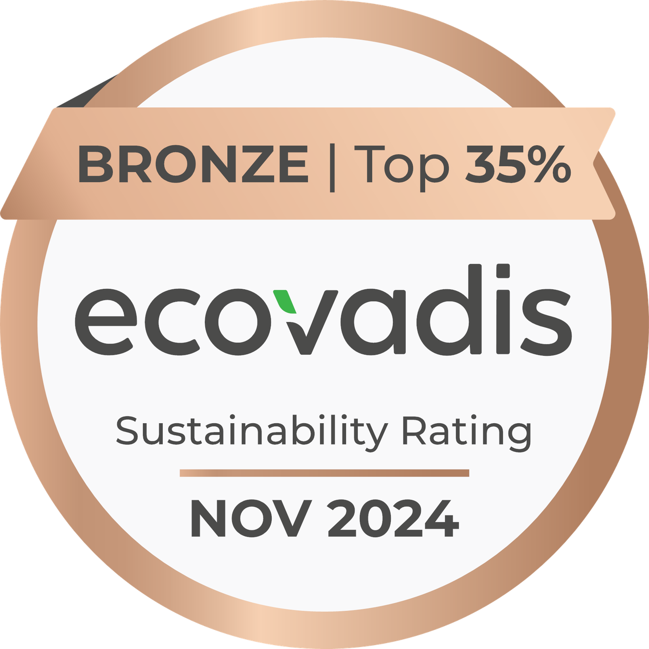 Bronze EcoVadis Sustainability Rating badge for November 2024, indicating a top 35% ranking.