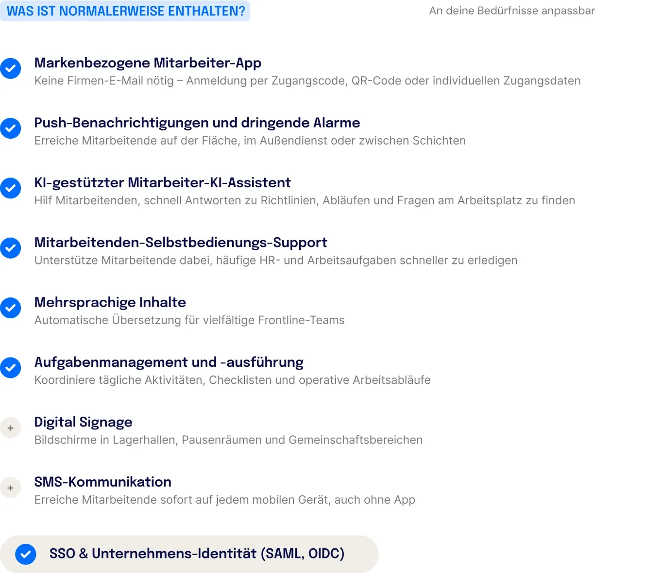 Übersicht der Staffbase Enterprise-Funktionen: Unterstützung für mehrere Marken und Instanzen, KI-Governance und Content-Lifecycle-Management, Multichannel-Kommunikationskampagnen, föderierte Administration mit lokalen Veröffentlichungsrechten, Enterprise-KI-Kontrollen und Sicherheit, ROI-Berichte für Führungskräfte, Enterprise-Integrationen und strategische Implementierung mit Change Management.
