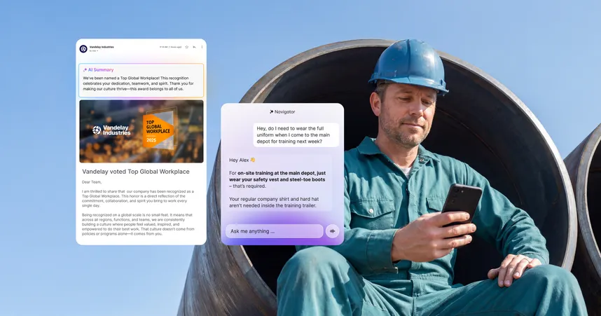 the power of an AI-powered assistant shown through features of the Staffbase app