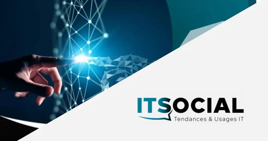 A hand touching a digital network interface next to the ITSOCIAL logo.