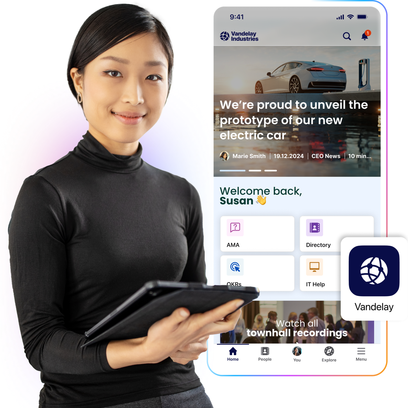 Woman holding a tablet next to a smartphone displaying a company app interface with news about an electric car prototype.