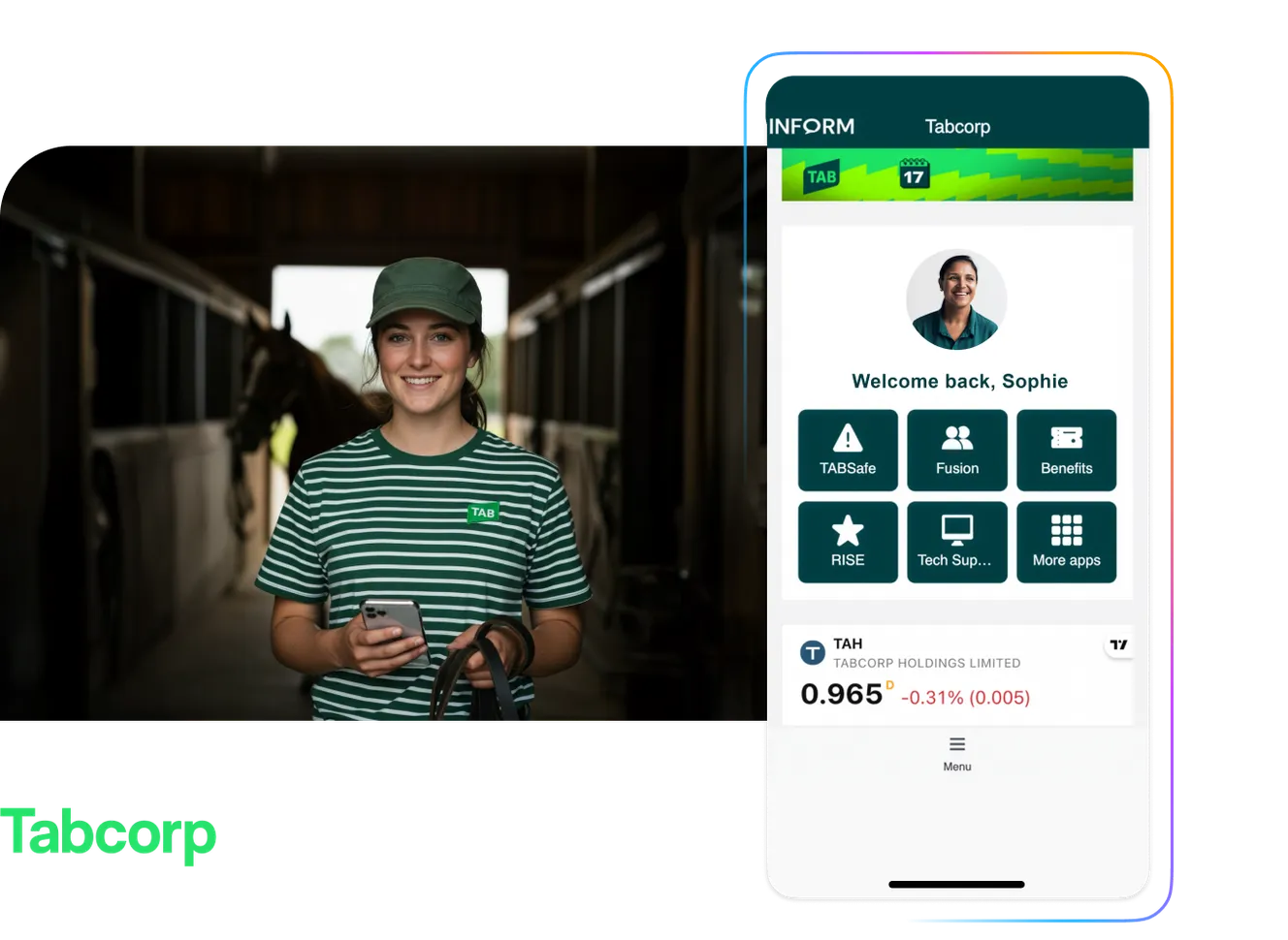 A woman in a green striped TAB shirt and cap holding a smartphone and horse reins in a stable setting, with a mobile app interface overlaid on the right.