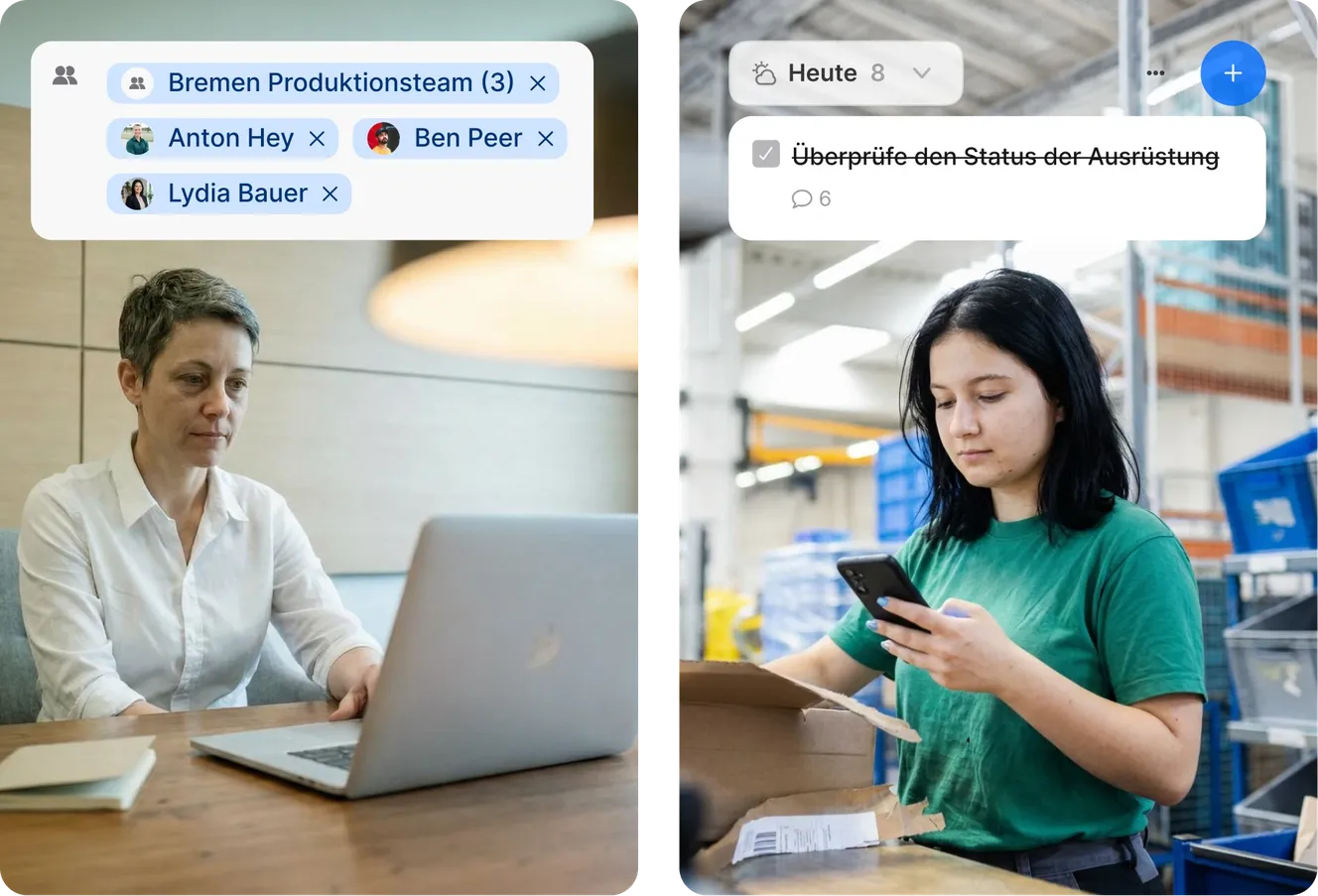 Zwei nebeneinanderliegende Bilder, die die Nutzung der App zeigen. Links arbeitet eine Frau an einem Laptop mit einer eingeblendeten Team-Zuweisung; rechts nutzt eine Frau in einer Lagerumgebung ihr Smartphone, wobei eine erledigte Aufgabe („Überprüfe den Status der Ausrüstung“) eingeblendet wird.
