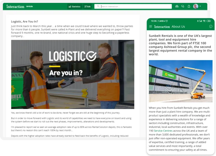 Two workers in safety vests talking. Text reads "Logistic, Are you in?" with a green-themed website layout featuring an article about Sunbelt Rentals.