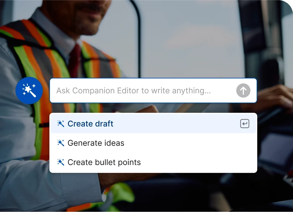 A person in a safety vest uses a tablet with options for creating drafts, generating ideas, and creating bullet points displayed on the screen.
