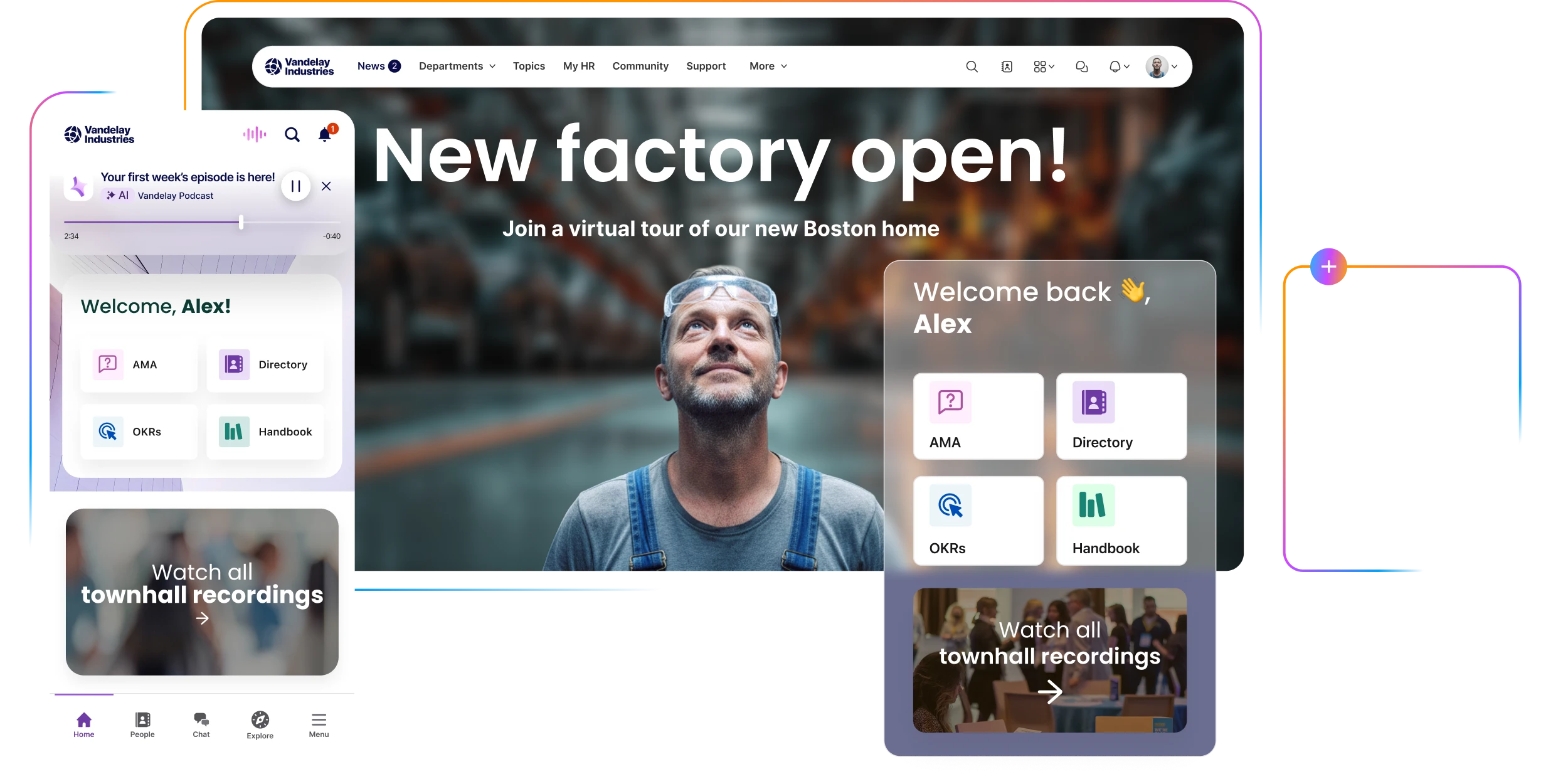 Digital dashboard with welcome message, virtual tour announcement, and various features like directory and handbook. Includes mobile and desktop views.