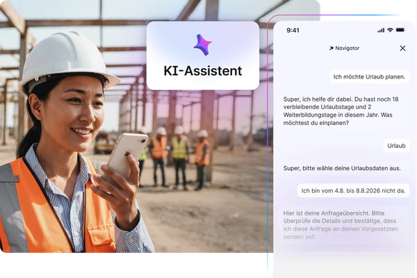 Bauarbeiterin nutzt einen KI-Assistenten auf dem Smartphone zur Urlaubsplanung.