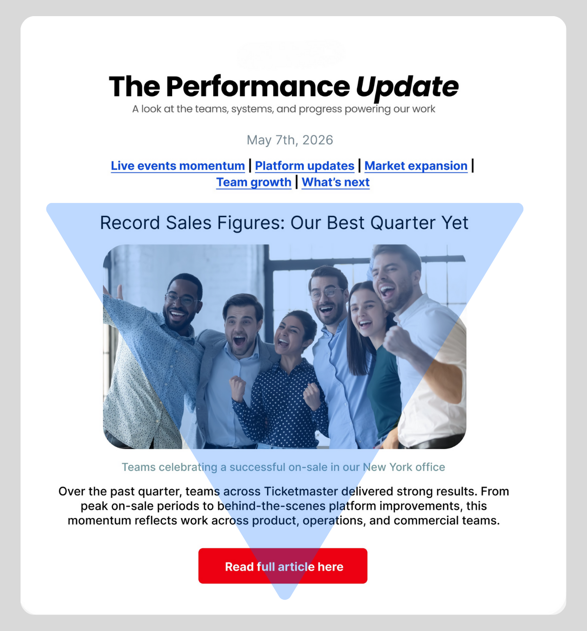 Team celebrating a successful on-sale in an office, with "Record Sales Figures: Our Best Quarter Yet" headline above.