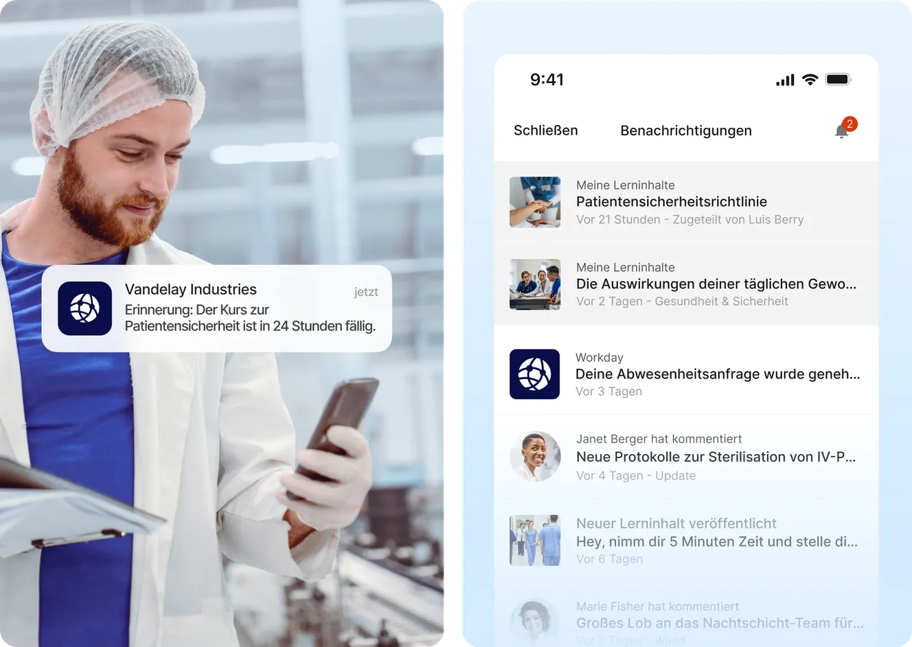 Mitarbeiter im Gesundheitswesen checkt Kurs-Update in der App