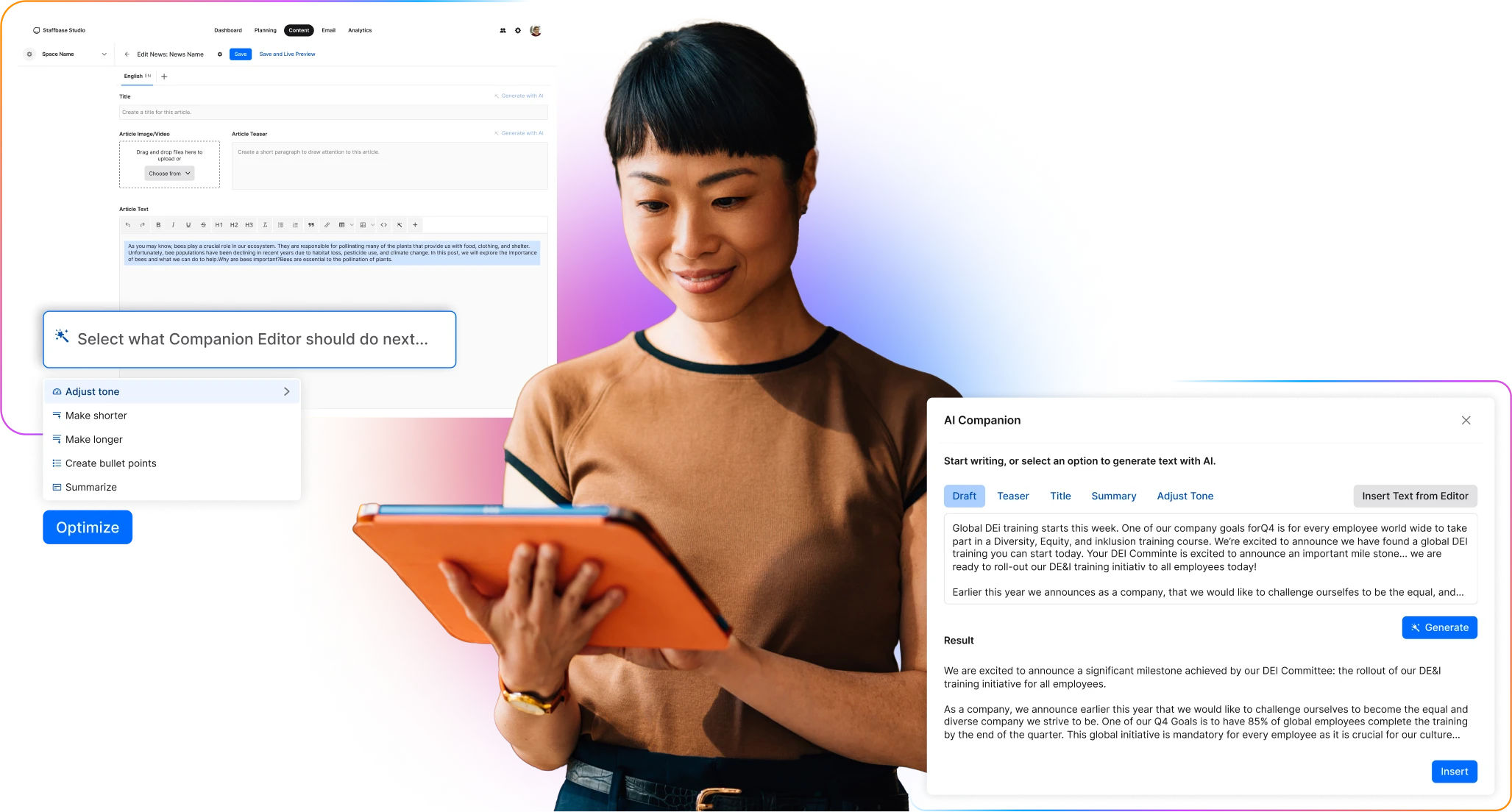 A person holding a tablet interacts with a digital interface displaying AI writing tool options and text generation features.