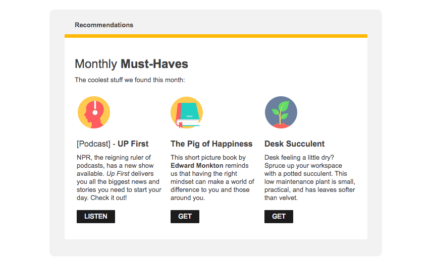 Staffbase Email product view of staff recommendations, including podcasts, books, and house plants.