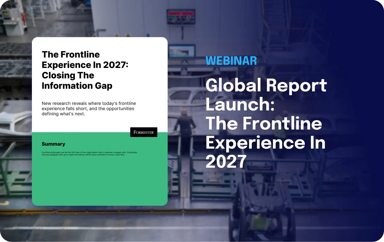 Webinar banner for the Forrester report “The Frontline Experience In 2027: Closing The Information Gap” with the report cover over a blurred factory floor