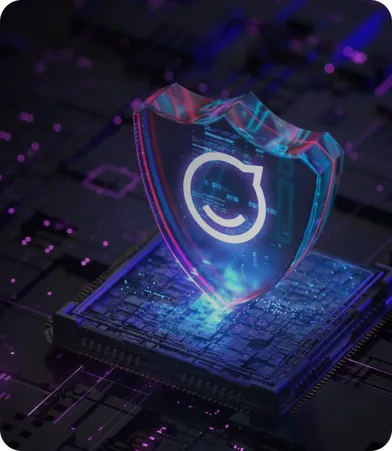 A digital shield with a smiley face icon hovers over a glowing microchip on a circuit board, symbolizing tech security.