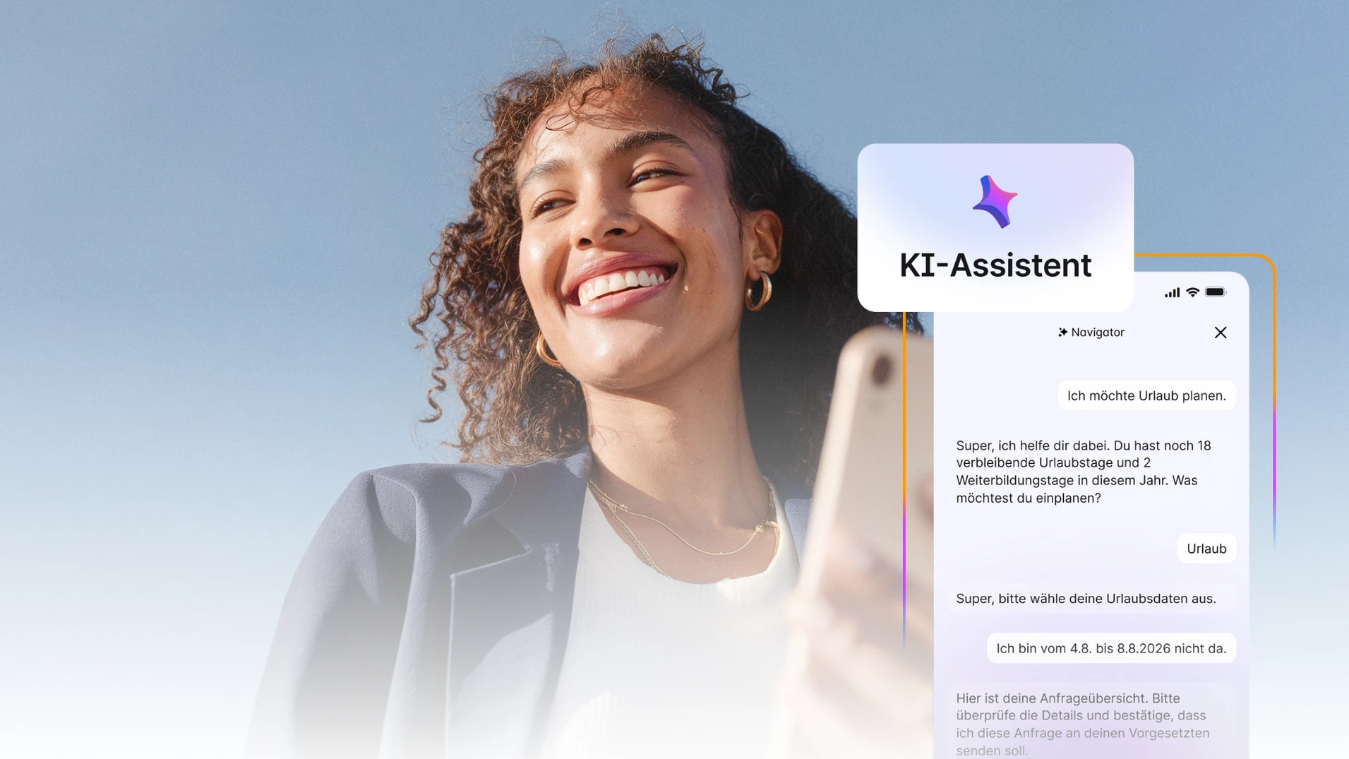 employee onboarding AI-native intranet title image featuring smiling woman and phone features