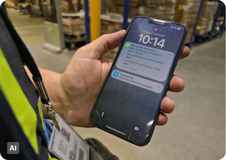 Warehouse worker in a hi-vis vest holding a phone showing a cluttered WhatsApp shift group with urgent messages about coverage and jammed equipment, while a single Company Hub wellness webinar notification sits unnoticed below