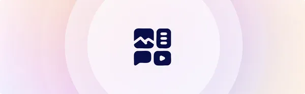 Icons of a mountain, list, speech bubble, and play button in dark blue on a soft gradient background.