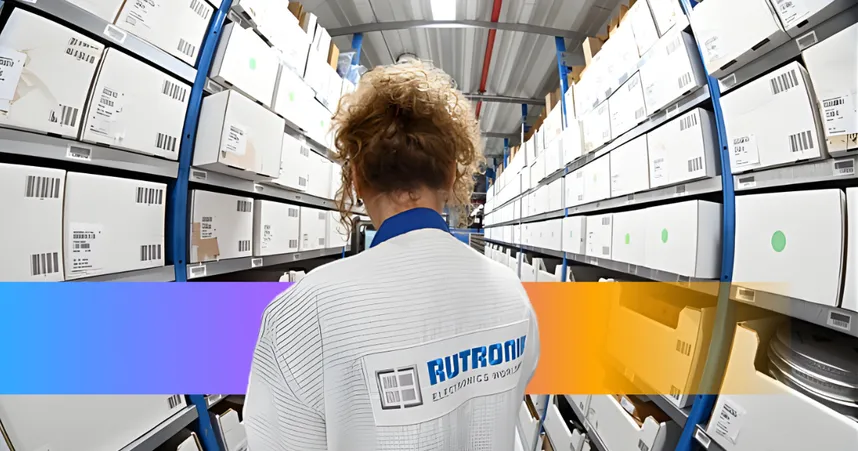 Person with curly hair in a warehouse aisle, wearing a Rutronik jacket, surrounded by shelves of white boxes.