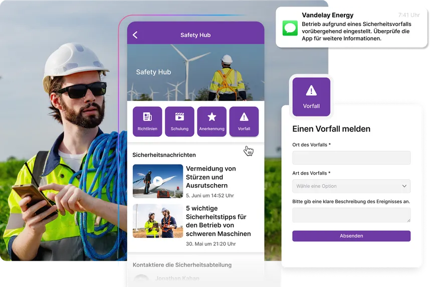 Industriearbeiter mit Schutzhelm nutzt ein Smartphone im Freien; daneben eine mobile Safety-Hub-Oberfläche mit Sicherheitsmeldungen, Richtlinien, Schulungen und der Funktion ‚Vorfall melden‘ sowie eine Push-Benachrichtigung zu einem Sicherheitsvorfall.