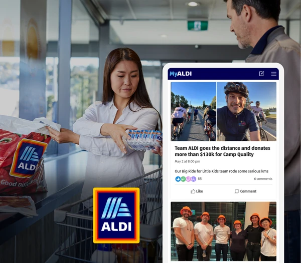 A woman scans groceries at an ALDI checkout. Inset shows a MyALDI post about a charity bike ride, with cyclists and participants in costumes.