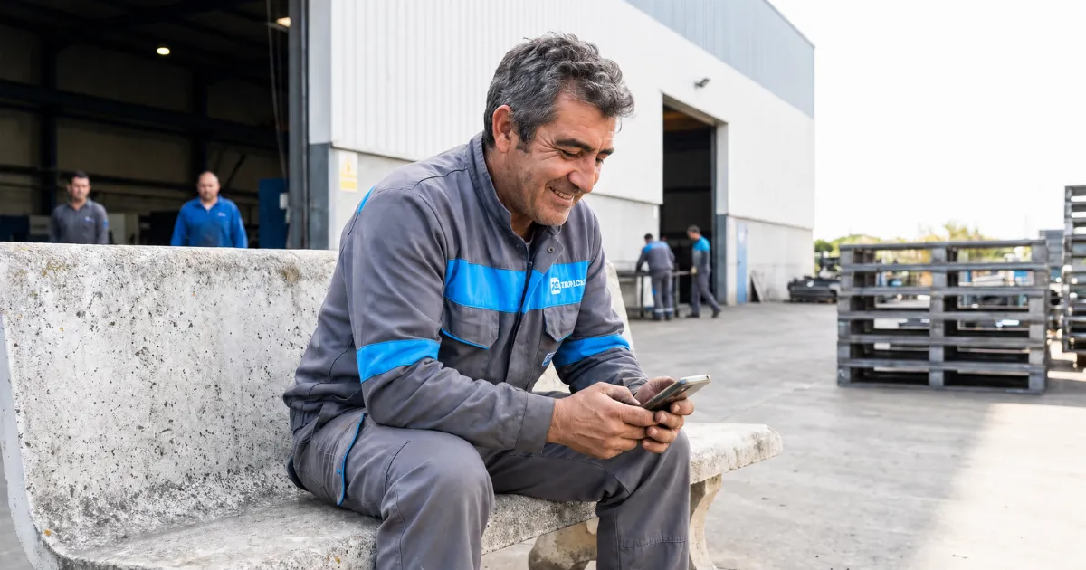 Image of frontline worker checking phone during a break
