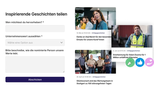 A form for submitting inspiring stories and three images of employees being recognized for their achievements with dates and descriptions.